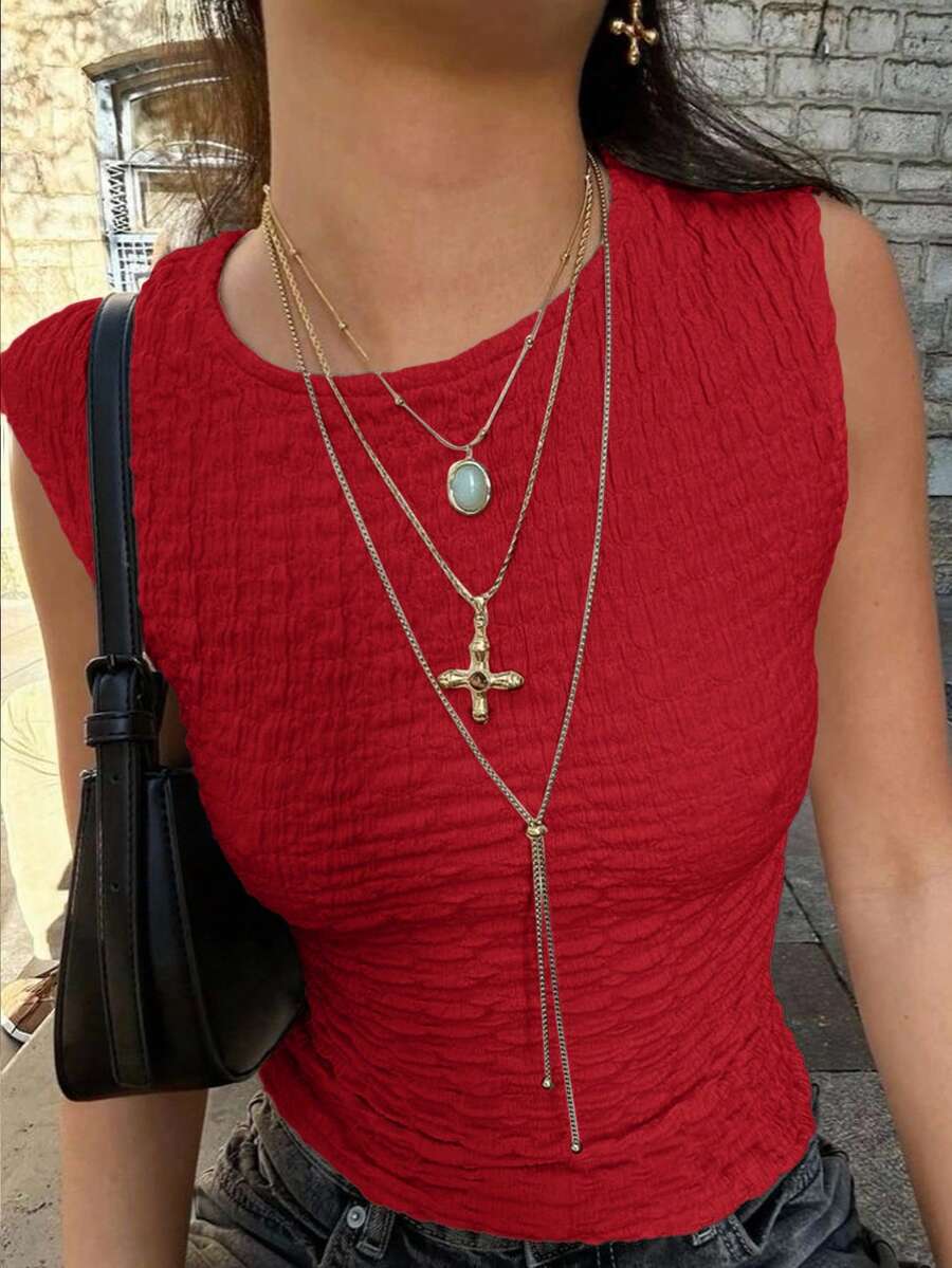Siren Gaze Women's All-Match Versatile Textured Fitted Tank Top, New Summer Style,Summer Top - Red - View 1