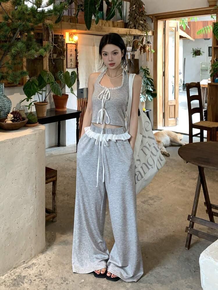 2pcs/Set Women's Patchwork Color Block Ruffle Tie Bow Cropped Spaghetti Strap Cami Top And Wide Leg Pants Casual Holiday Summer Outfit