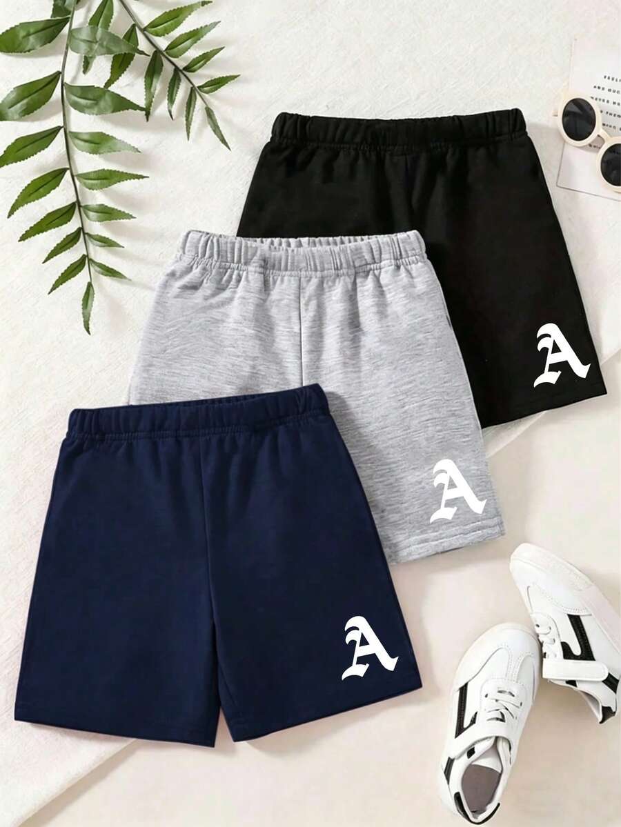 Bộ 3 quần short thể thao thoải mái, đa năng dành cho bé trai, với họa tiết hình tròn ngộ nghĩnh và thiết kế khẩu hiệu tiếng Anh tối giản, phù hợp cho mùa xuân/hè, mặc thường ngày, đi học, hoạt động ngoài trời, làm quà tặng. - Nhiều màu - Xem 1