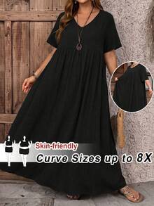 SHEIN CURVE+ Curve Size US22Music Festival, Seaside Vacation, Bohemia Women's Vacation Loose Ditsy Floral V-Neck Short Sleeve BabydollTeacher Dress - Black - View 11