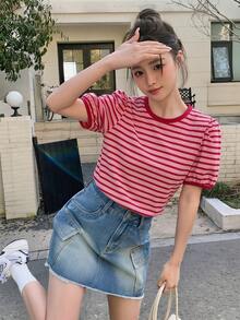 DAZY 女士条纹休闲花瓣袖T恤 夏季 - 粉色 - 查看 3