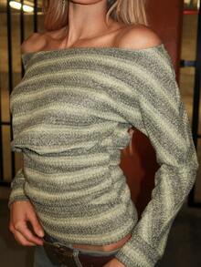Brooke Lily 女式秋冬 Y2K 休闲日常条纹弹力长袖露肩 T 恤 - 綠色 - 查看 6