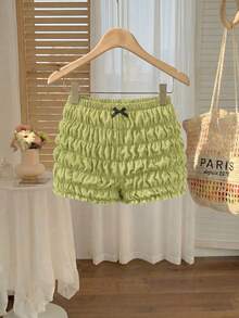 SHEIN MOD Plus Size Tomato Girl Cute Bow Decor Ruffle Trim Mini Shorts - Green - View 4