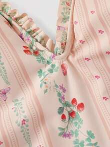 SHEIN MOD 女士印花挂脖系带连体泳衣，适合海滩度假、泳池派对、沙滩派对 - 珊瑚粉 - 查看 4