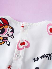 THE POWERPUFF GIRLS X SHEIN 1 chiếc đầm kiểu dáng thường ngày cho bé gái, cổ tròn, tay cánh hoa. - trắng - Xem 6