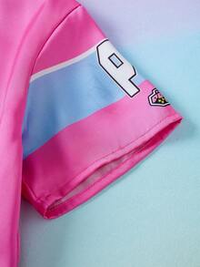 THE POWERPUFF GIRLS X SHEIN Young Girl Summer Casual Street Daily Commute Cute Cartoon Letter & Heart Print Contrast Color Short Sleeve T-Shirt - Multicolor - View 6