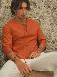 HIMLAND Loose Fit Men's Lace Up Front Drop Shoulder High Low Hem Top - Orange - View 5