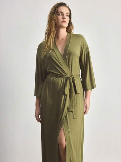 Ocili Comfortable Soft Minimalist Long Sleeve Plus Size Robe