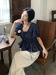 DAZY Áo sơ mi denim tay ngắn buộc dây phía trước dành cho nữ, kiểu dáng thường ngày, thích hợp cho mùa xuân/hè. - Màu xanh lam - Xem 2