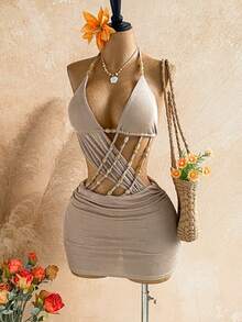 Soleia Women's Spring/Summer Printed Mesh Beaded Backless Mini Dress, Perfect For Beach Vacation Vacation And Pool Party. Travel Taupe Tropical - Grey - View 7