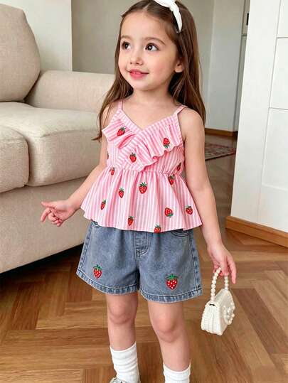 Souflis Set de 2 piezas de ropa de verano para niñas, camiseta de tirantes a rayas amarillas y cuadros + pantalones cortos de mezclilla, el diseño de la camiseta es adecuado para el verano, el adorno plisado en el pecho agrega dimensión, el patrón a cuadros retro amarillo y blanco se ve vibrante, la bordado floral en los pantalones cortos combina con la parte superior, un estilo general fresco y alegre adecuado para salidas diarias, parques de diversiones, reuniones, actividades familiares