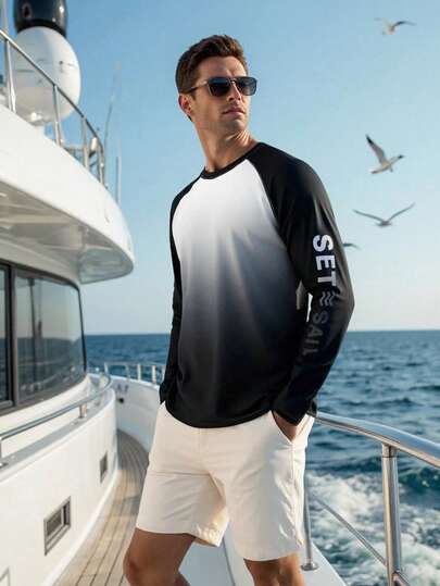 Manfinity Swimmode Men's Letter Print Raglan Long Sleeve Surfing T-Shirt Yacht Outfit Men Cruise Clothes For Men Men's Long Sleeve Summer T-Shirt Swim Shirt For Men