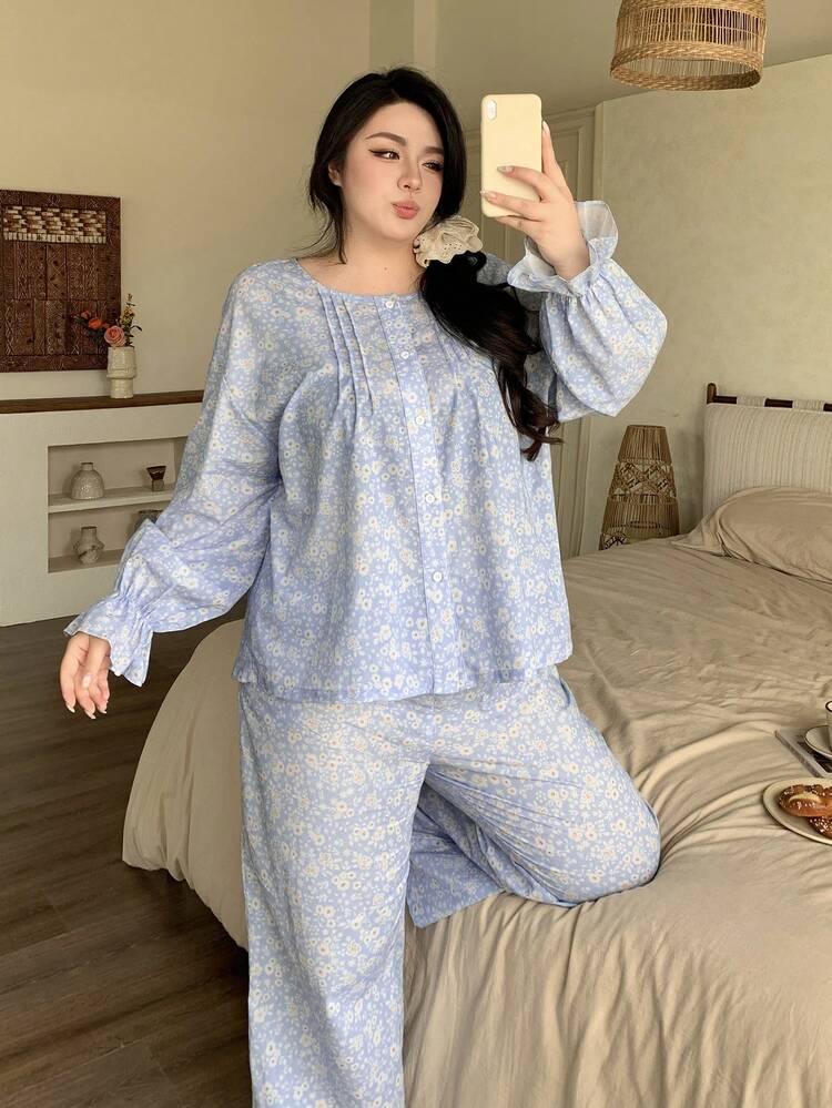 Dazy Plus 2pcs/Set Cute Ditsy Floral Pleated Ruffle Trim Loose Top And Long Pants Pajama Set, Plus Size Women Spring/Summer Sleepwear