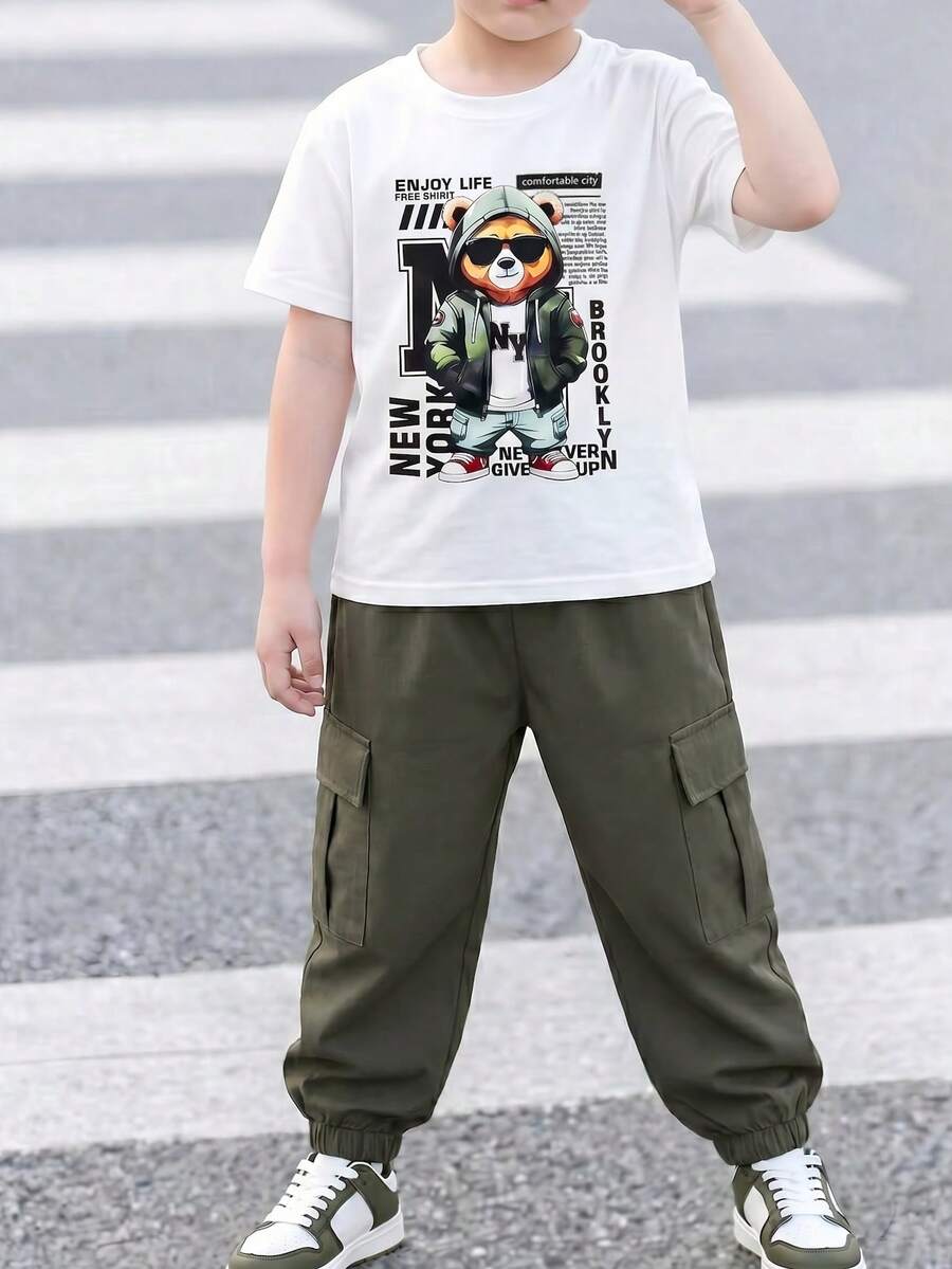 男童春夏两件套服装 - 印花黑色短袖T恤搭配工装裤，休闲百搭 - 綠色 - 查看 1
