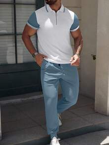 Manfinity CasualCool Setelan Kemeja Polo Lengan Pendek dan Celana Kasual Saku Pria dengan Blok Warna, Cocok untuk Perjalanan dan Jalan-jalan - Dusty Blue - View 4