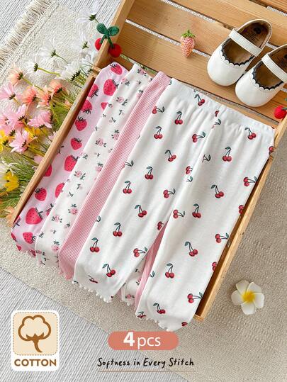 Cozy Pixies 4pcs/Set Baby Girl Casual Cute Floral, Strawberry, Cherry Print Solid Color Elastic Waist Knit Pants, Multi-Pack