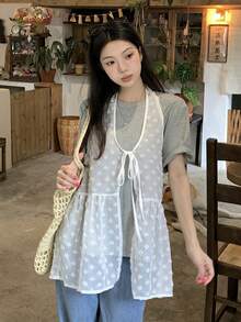 DAZY 女款純色紋理露背掛脖上衣校園風 - 米色 - 查看 4