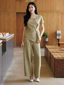 DAZY 2 piezas Conjunto de camisa de manga corta y pantalón de pierna recta de estilo urbano casual para mujer, adecuado para primavera y verano - Verde - Ver 6