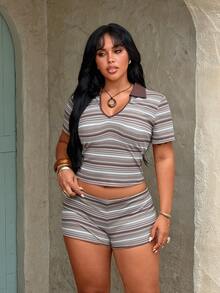 Rustia Plus Size 2pcs/Set Brown Polo Shirt And Shorts Set Casual Comfortable For Spring/Summer Gym - Brown - View 6