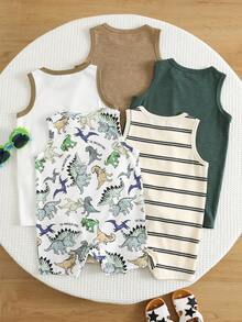 SHEIN Set de 5 piezas para bebé niño recién nacido de verano: Enterizo de punto con estampado de dibujos animados y rayas, sin mangas; Conjunto básico de bodys; Enterizo con diseño de dinosaurio; Shorts de enterizo a rayas - Multicolor - Ver 3