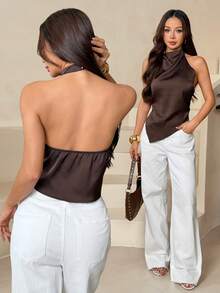 SHEIN PETITE Blusa de mujer con escote halter y espalda descubierta, elegante para fiestas, ir al trabajo y vacaciones, de verano - Marrón - Ver 8
