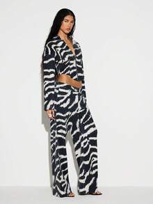 KIZN Wide Leg High Rise Zebra Print Denim Jeans With Flared Palazzo Style Silhouette Animal Print Statement Piece Fall Winter Fashion - Multicolor - View 6
