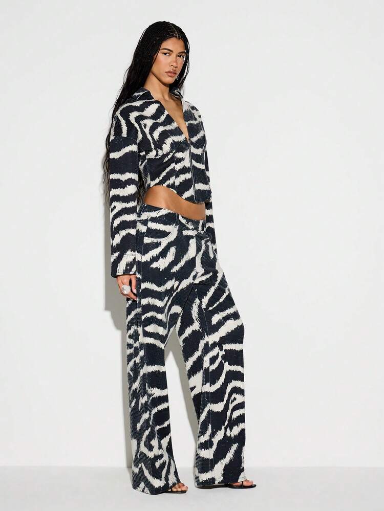 KIZN Zebra Print Wide Leg Denim Jeans