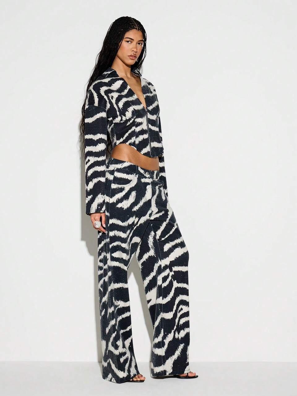 KIZN Zebra Print Wide Leg Denim Jeans