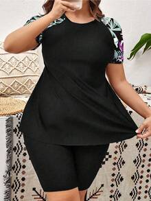 Swim Lushoire Plus Size Tropical Print Patchwork Rashguard Set, Suitable For Summer Beach Vacation - Multicolor - View 6