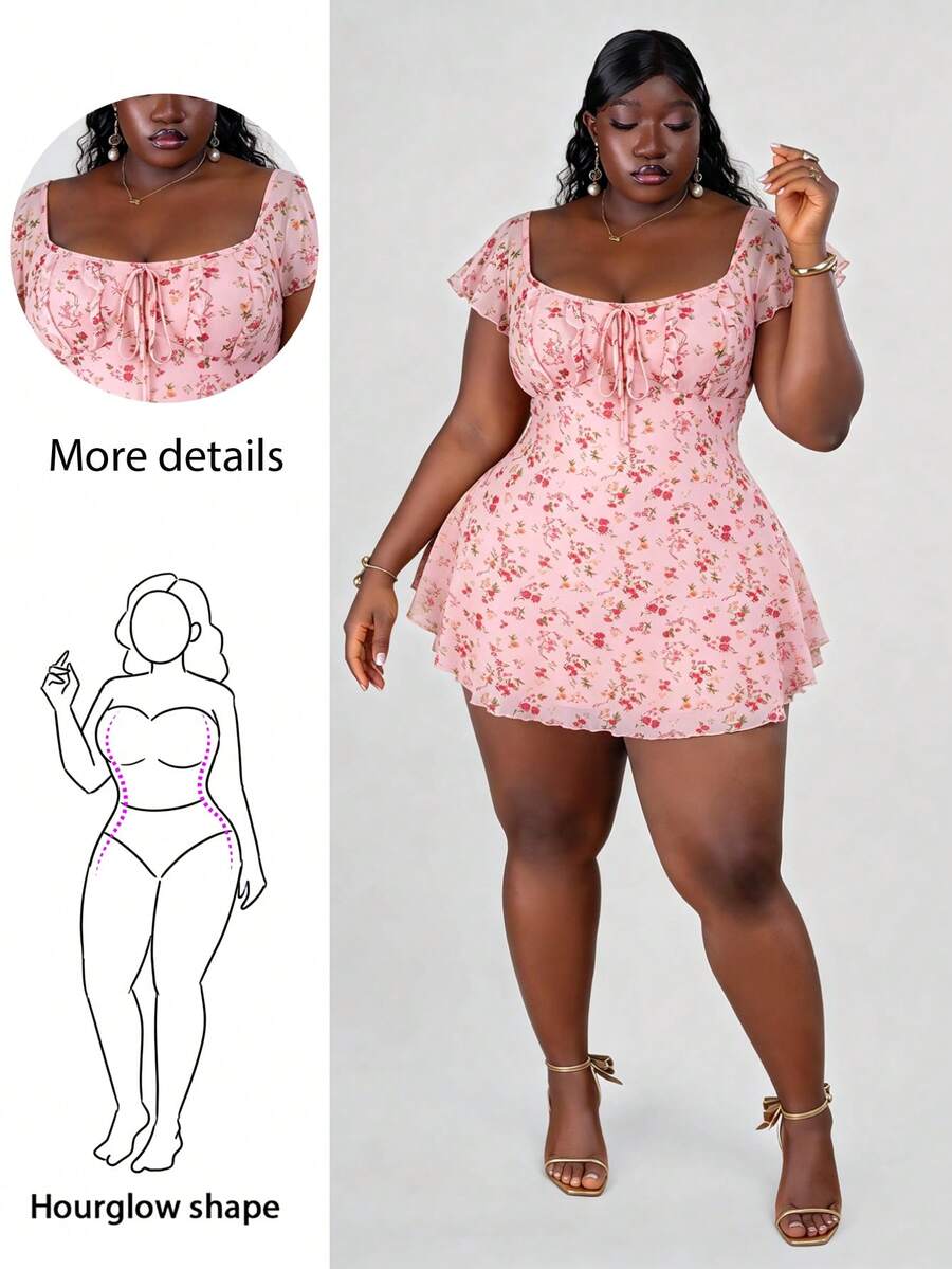 CurvyTilda Dress Ukuran Plus Ruched Bust Plants bunga ditsy All Over Print Boho - Berwarna merah muda - View 1