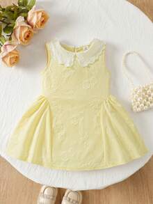 Souflis Souflis Young Girl Elegant Colorblock Jacquard Sleeveless Dress, Summer - Yellow - View 3