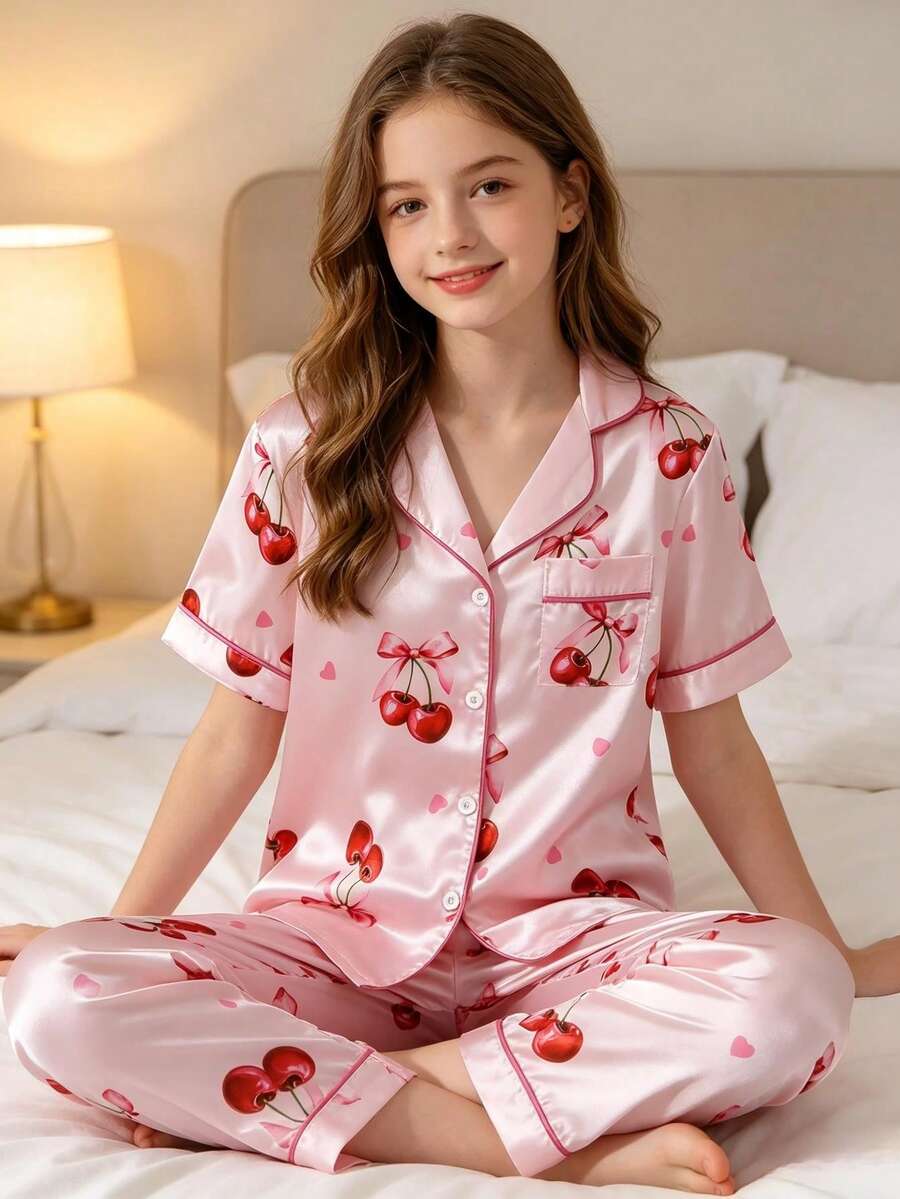 SHEIN 这款大童睡衣套装包含一件迷人的翻领短袖上衣和一条长裤，采用光滑的缎面面料制成。浅粉色的底色上点缀着甜美的红色樱桃和爱心图案，搭配深粉色滚边，尽显现代时尚感。舒适休闲，是春夏夜晚居家休闲的理想之选。