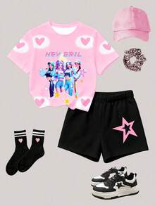 2pcs Young Girls' Fashion K-POP Cartoon Girl Ombre Round Neck T-Shirt And Matching Shorts Set,Light Pink Summer Comfortable Knit Outfit For Holiday - Multicolor - View 2
