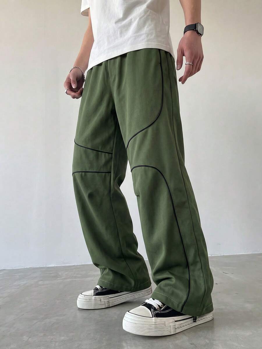 SHEIN Mirajuku 一件式青少年男童街头风都市风格撞色白色缝线细节宽松阔腿工装裤,带侧袋,舒适休闲时尚,适合日常穿着,街头潮流春秋季款 - 軍綠色 - 查看 1