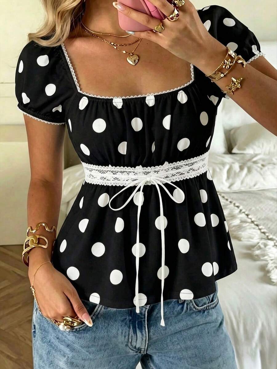 CovetEZ Summer Outfits Square Neck Petal Sleeve Tie Front Tee - Black and White - View 1