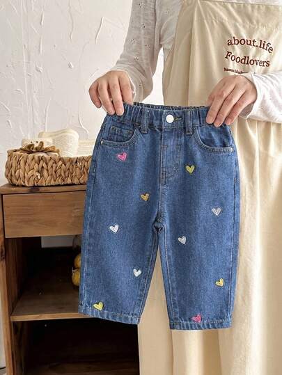 SHEIN LMoss Kids Quần jean denim dáng rộng cho bé gái, có thêu hình trái tim và túi quần.