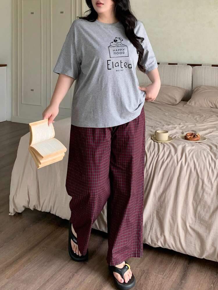 Dazy Plus Letter Dog Print T-Shirt Top & Plaid Loose Pajama Pants Set, Plus Size Women Spring/Summer Sleepwear