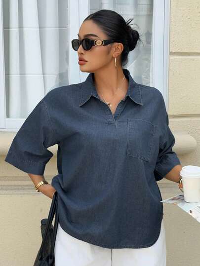 Dazy Plus New Arrival Women Plus Size Loose Casual Raw Denim Short Sleeve Denim Top