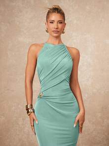 MSLumalex Vestido ajustado con cuello redondo fruncido, decoración de metal cruzada para mujer, lujoso, de nueva apariencia, de lujo tranquilo, para f - verde menta - Ver 4