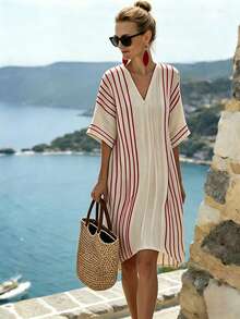 SHEIN Holidaya 女士夏季度假休闲条纹V领中长连衣裙 - 紅色 - 查看 3