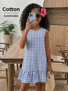 SHEIN Young Girl Casual Everyday Comfortable Plaid Ruffle A-Line Dress - Baby Blue - View 1