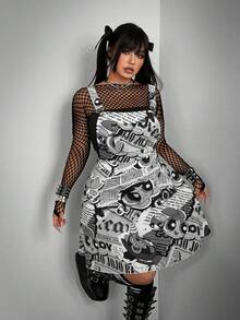 Whyspr THE POWERPUFF GIRLS X SHEIN Women's Summer Black & White Policewoman Cartoon Print Vintage Casual Vacation Street Style Sexy Sweet Slimming Strap Fashion Elegant Retro Dress - Black and White - View 5