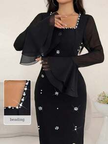 Modelyn Petite Women Summer Black Long Sleeve Beaded Chiffon Flare Sleeve A-Line Dress,Elegent Autumn  Square-Neck Rhinestone Maxi Dress Bodycon  Mesh Long Flare - Black - View 6