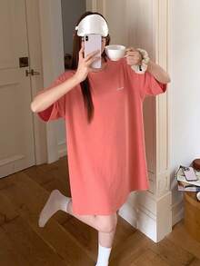 DAZY Vestido casual de mujer con cuello redondo y manga corta con estampado de letras - Rosa - Ver 5