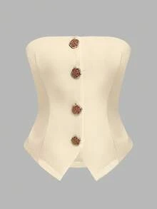 Franclia Women's Solid Color Metal Single-Breasted Casual Versatile Daily Wear Tube Top - Beige - View 4