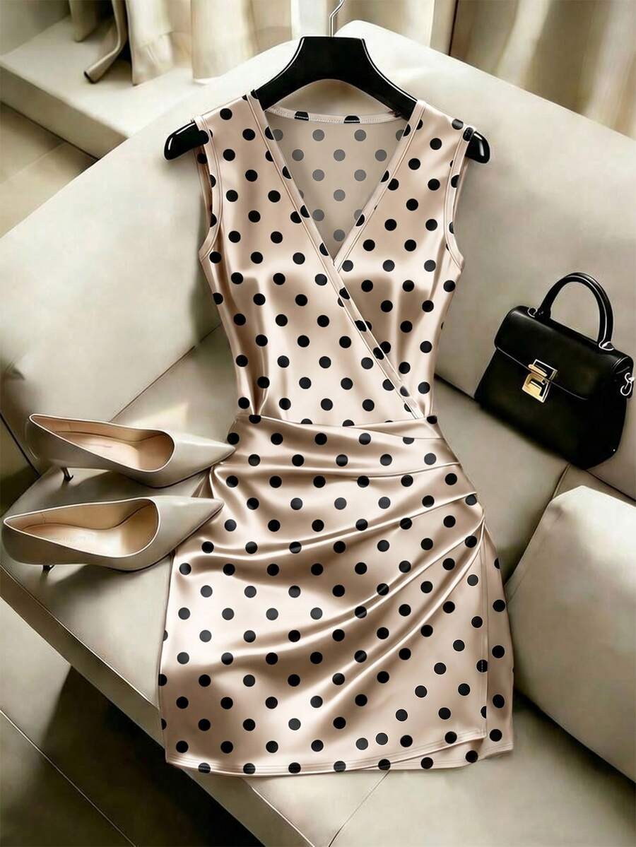 SHEIN Franclia 时尚新款波点交叉V领无袖褶皱收腰不对称修身连衣裙,春夏女装,女士派对优雅连衣裙,女士情人节装扮,杏色波点连衣裙,女士无袖连衣裙,无袖上衣,春季服装,夏季服装,度假,外出,Y2K,春季,夏季,返校,休闲,海滩,商务,百搭,性感 - 杏色 - 查看 1