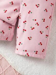 SHEIN Bộ áo liền quần in hình quả anh đào dễ thương cho bé gái - Hồng - Xem 8