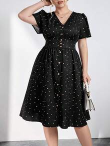 Chikora Plus Size Women Elegant Black And White Polka Dot Dress,Summer V-Neck Casual Office Tea Party Dress,Wedding Guest Formal Ceremony Graduation Outfit - Black and White - View 3