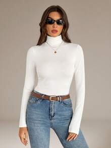 SHEIN Tall 2pcs/Set Solid Color Slim Fit Turtleneck White Tops, Suitable For Autumn And Winter, Tall Women Golf Basic - White - View 12