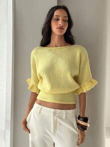 Aloruh Women's Sweet Yellow Casual Commuter Loose Waist Short Sleeve Ribbed Batwing Sleeve Ruffle Trim Boat Neck Apricot Sweater, Summer - Yellow - View 7